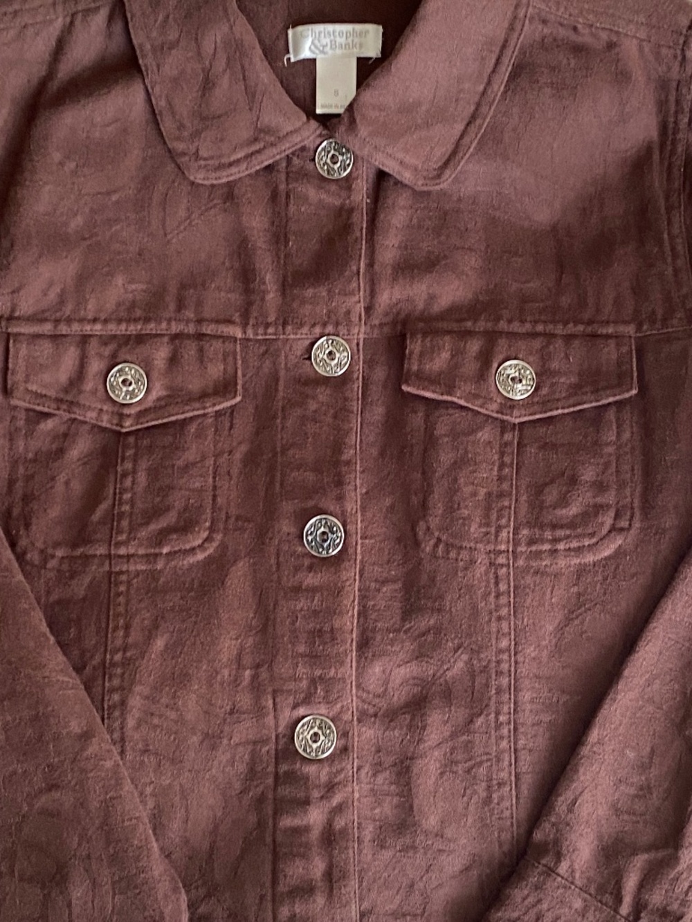 Brown Leaf-Print Jacquard Button-Up Jacket EUC